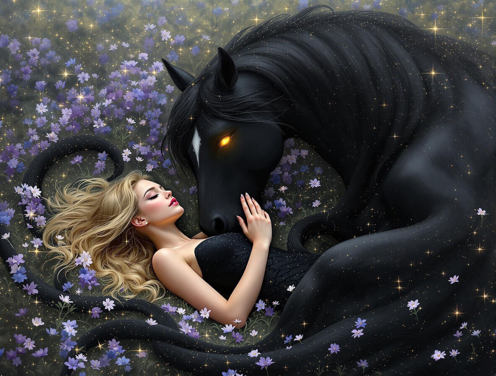 Dreamy Fantasy Scene with Magic Horse and Young Woman