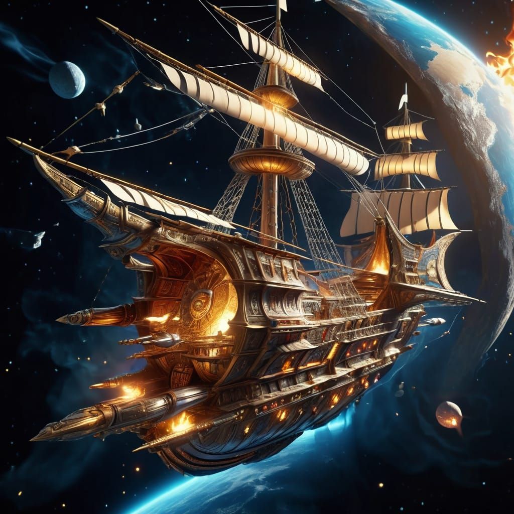 Baroque Spaceship with Sails and Flames in Space