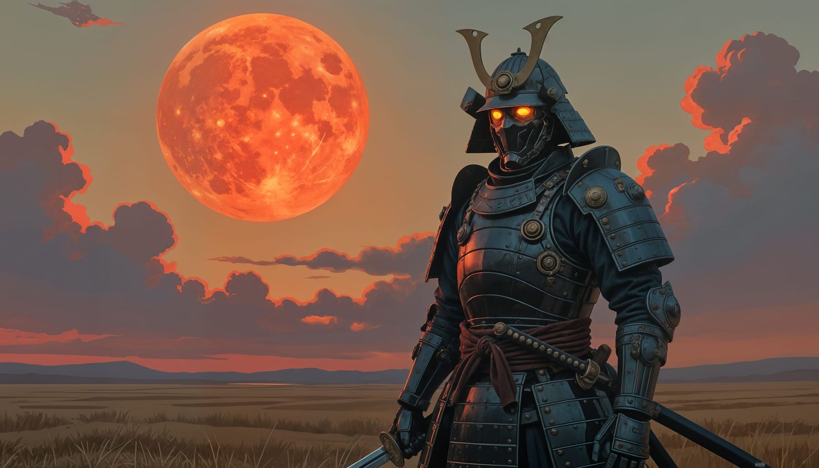 Samurai in Automatronic Armor on Desolate Steppe