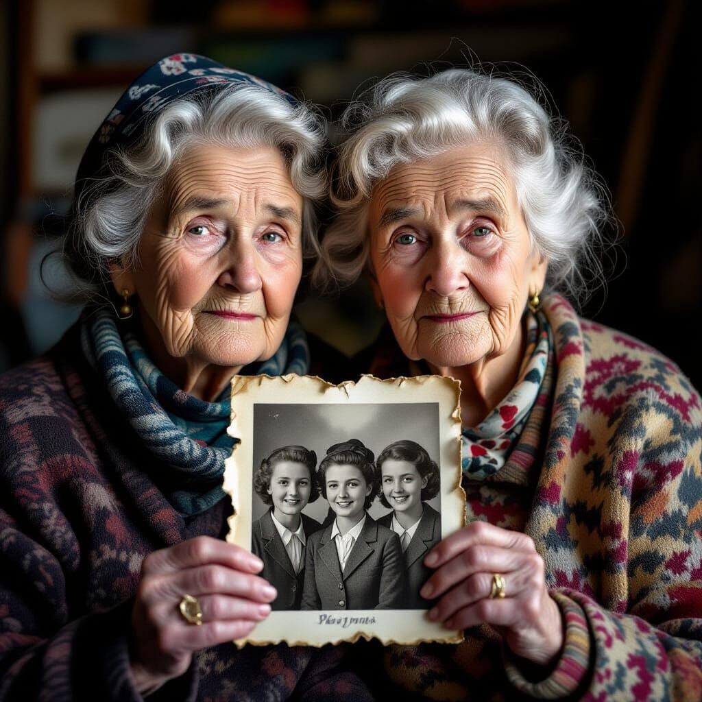Elderly Woman with Sisters' WWII Photograph, Soft Focus