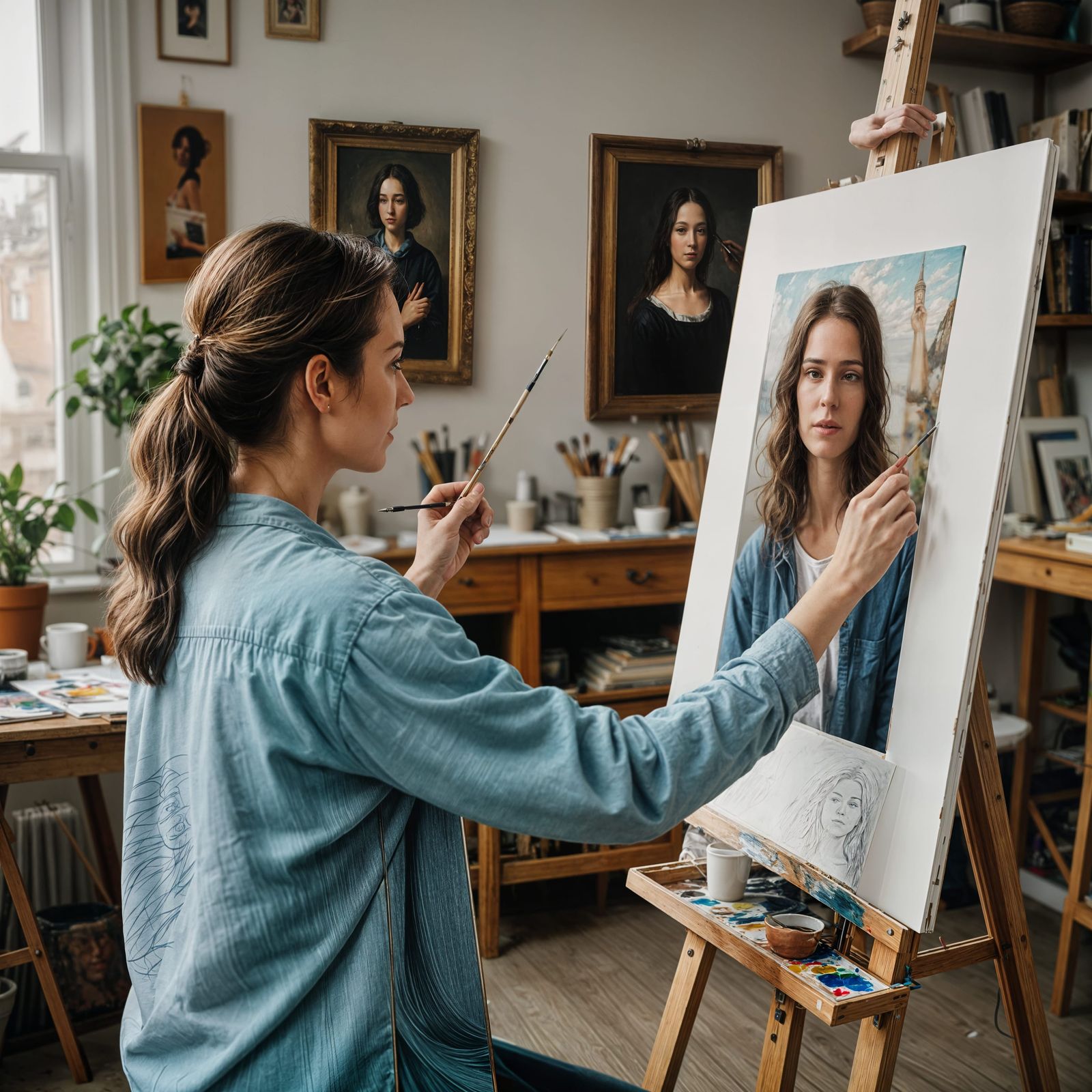 Artist Painting Self-Portrait on Canvas