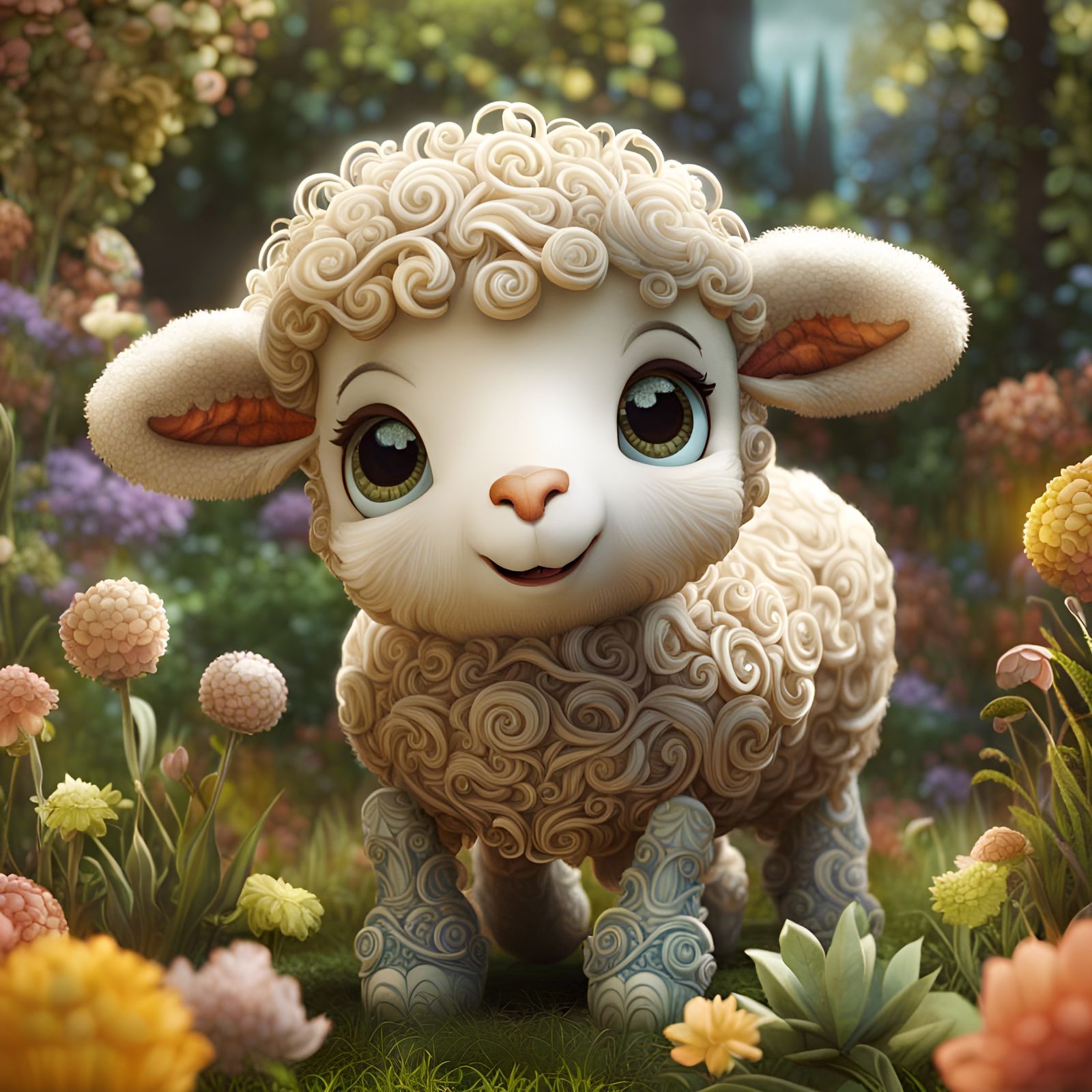 Cute Fluffy Lamb in Garden: Detailed Polychromatic Art