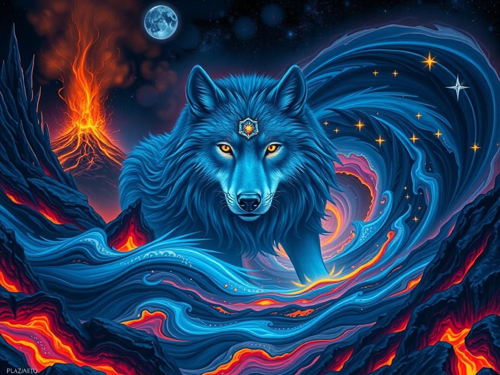Majestic Blue Wolf Emerges from Lava Vortex