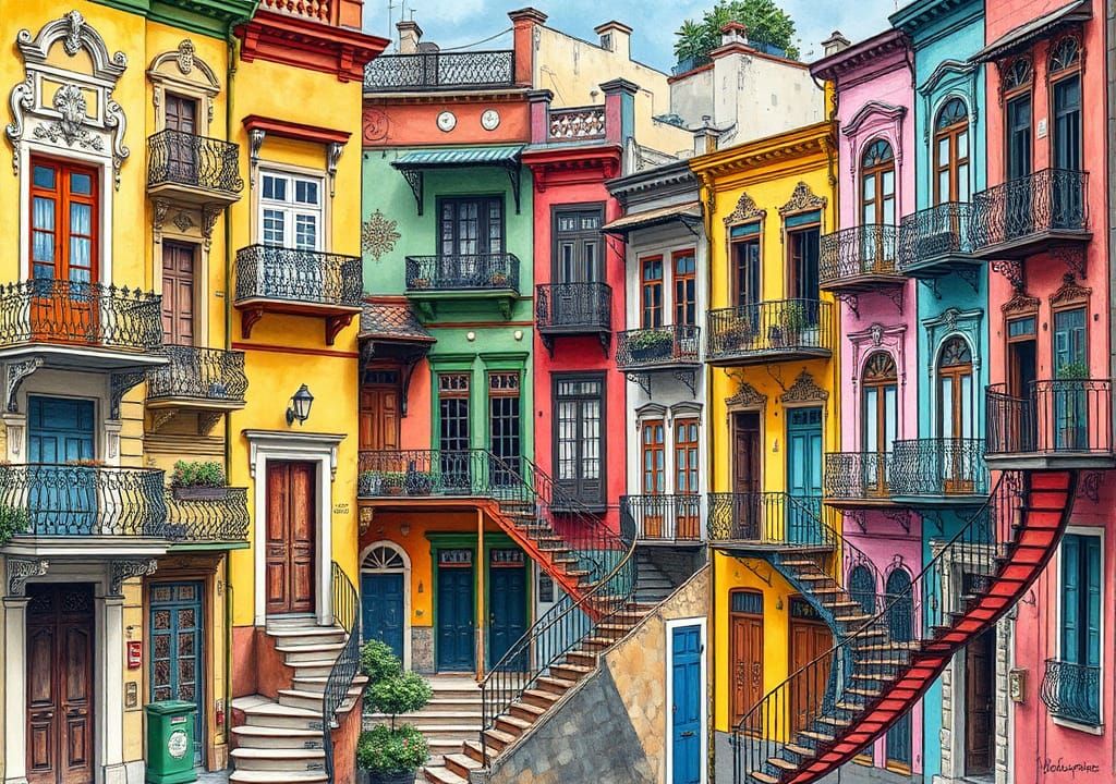 Colorful Houses of La Boca in Watercolor Style