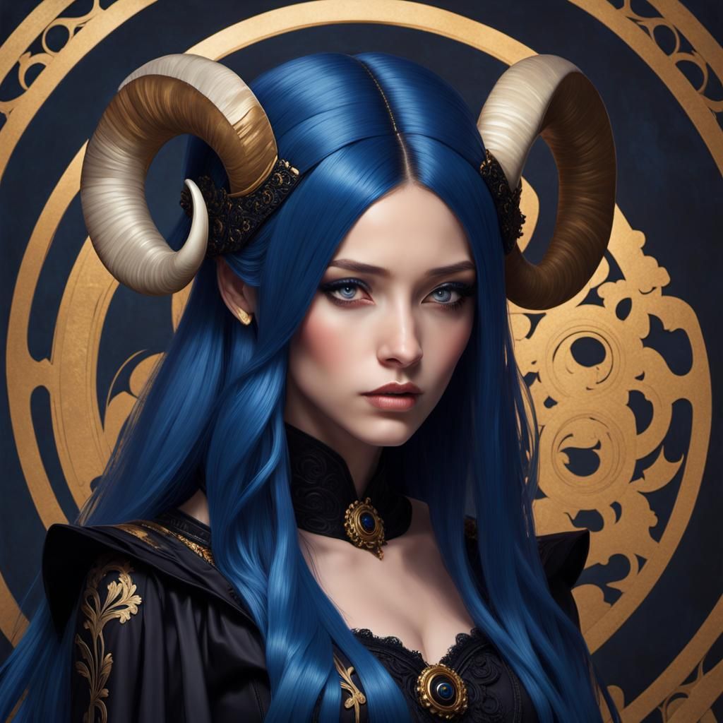 Sapphire-Haired Woman with Horns in Klimt Style