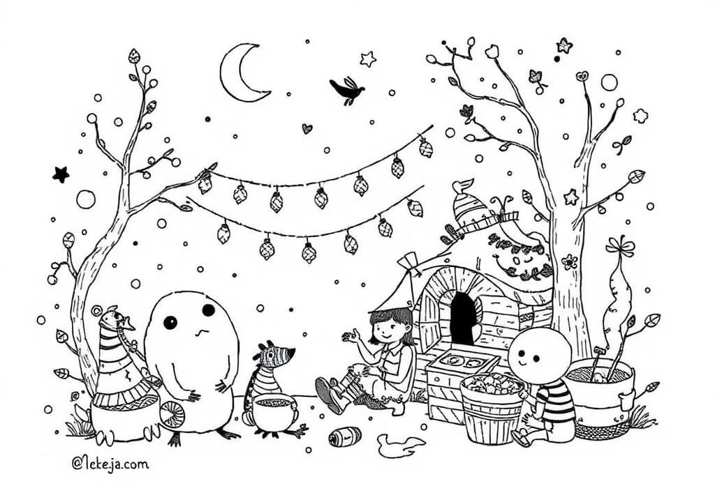Whimsical Doodle Scene in Black and White