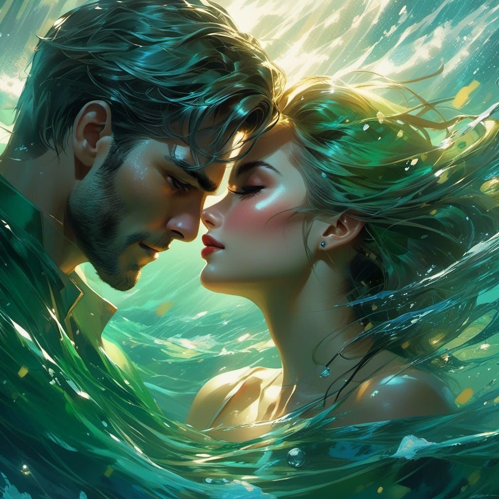 Sailor and Siren About to Kiss, Green Romantic Hues