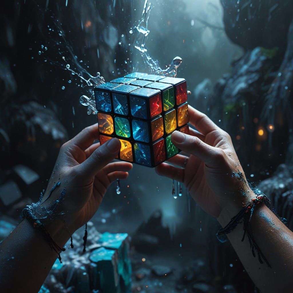 Vibrant Hands Grasp a Larger-Than-Life Rubik's Cube in Mid-A...