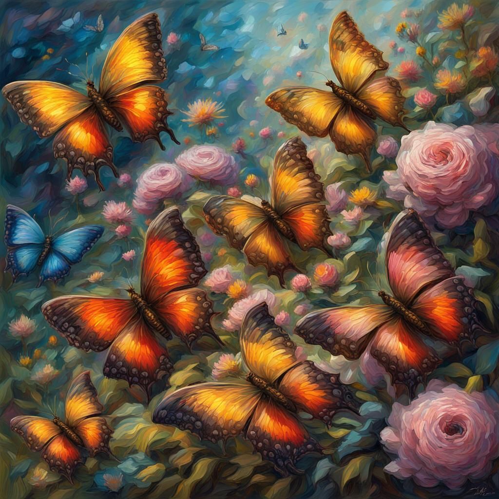 Butterflies Pollinating Flowers: Expressionist Digital Paint...