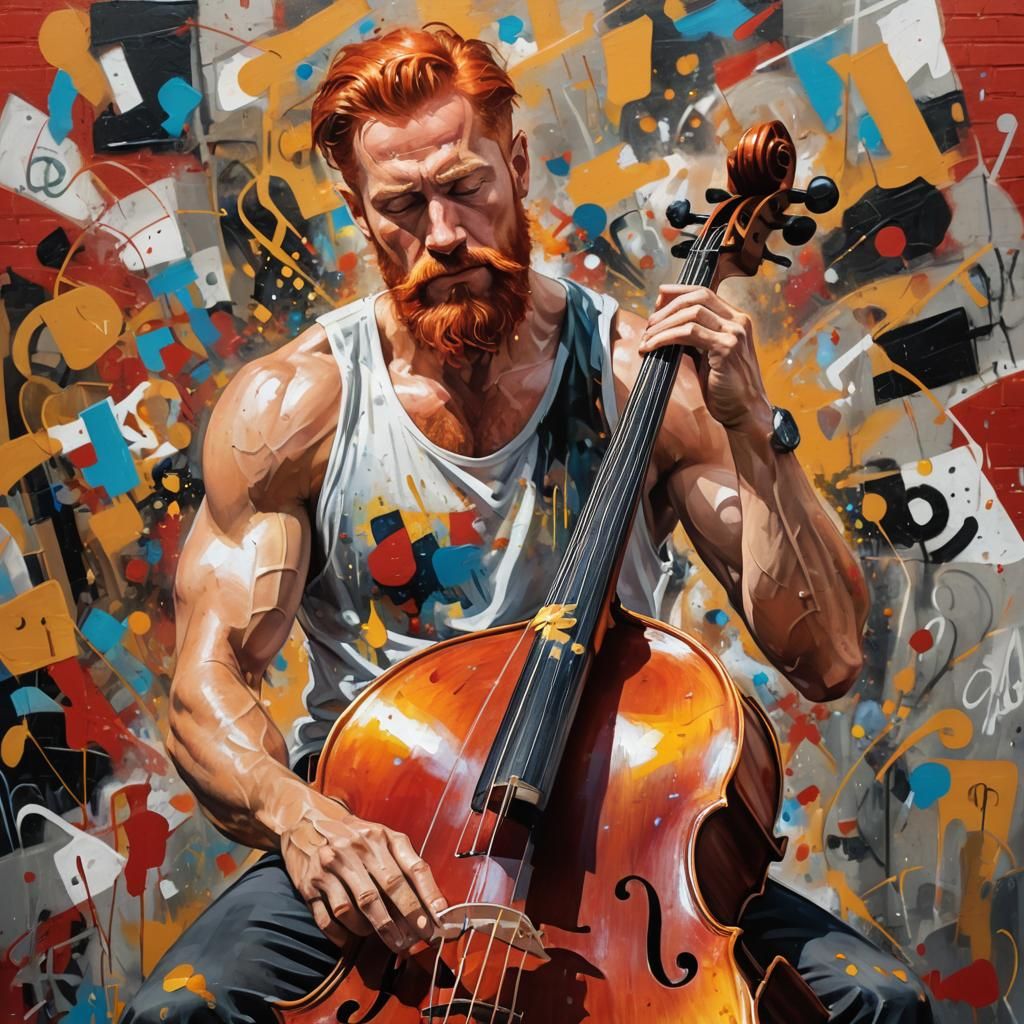 Shirtless Man Plays Cello in Lempicka-Inspired Graffiti Art