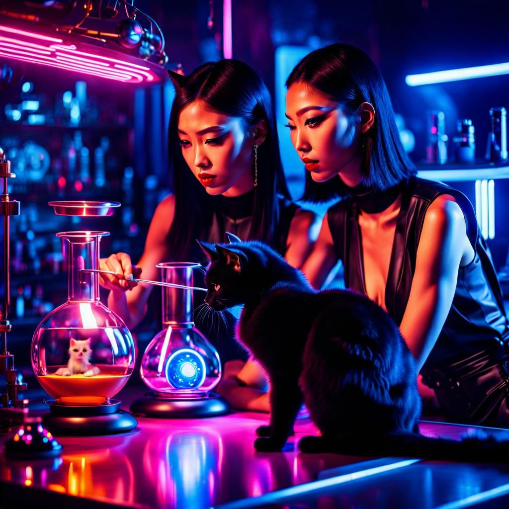 Oriental Alchemists Brew Potion in Cyberpunk Lab