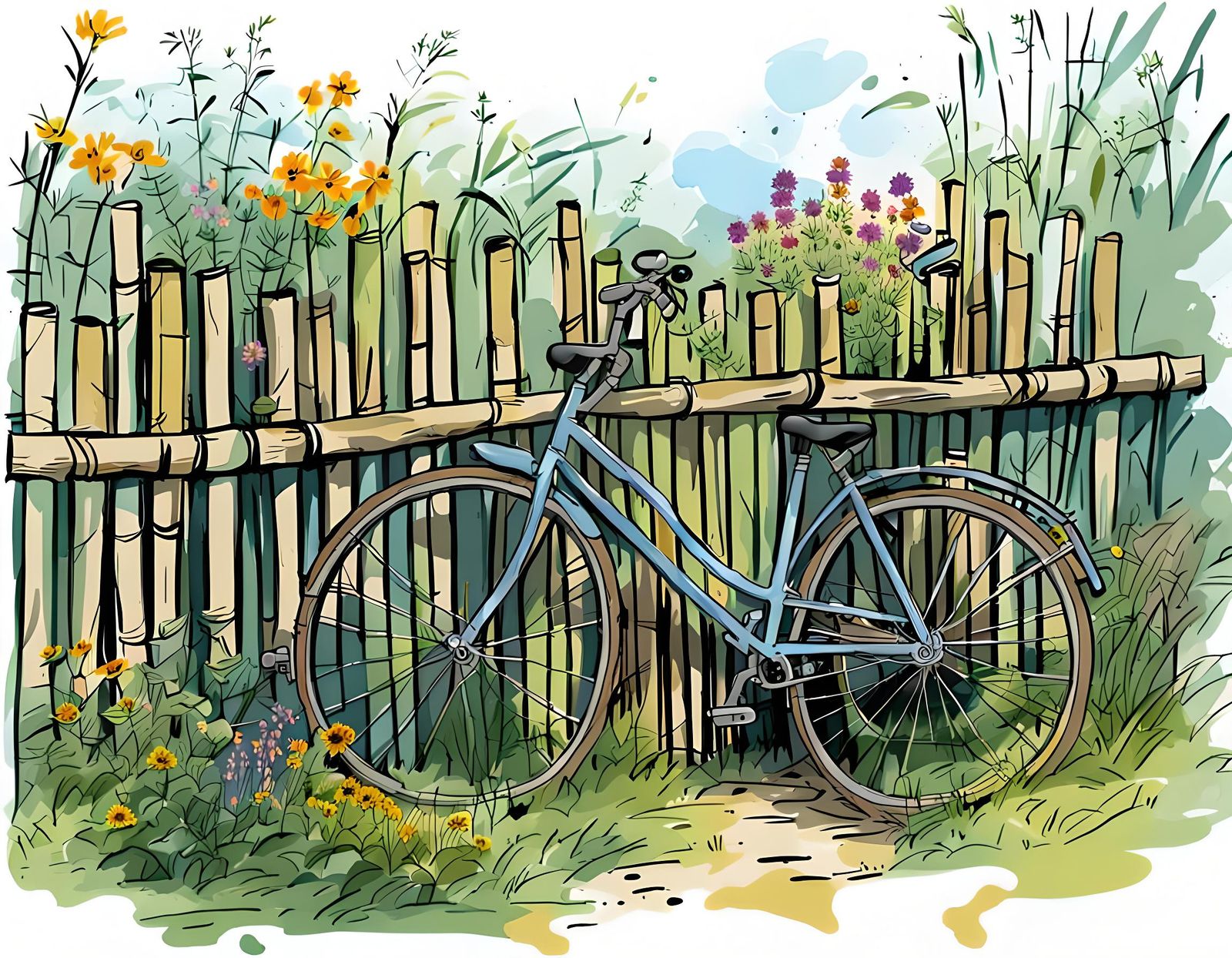 Abandoned Bicycle on Bamboo Fence in Line Art Style