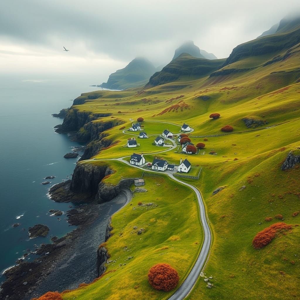 Aerial view of the village of Tjørnuvík, Faroe Islands
