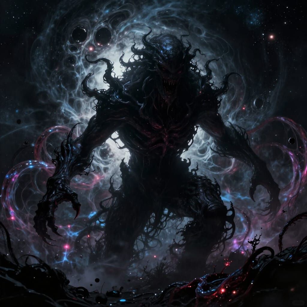 Cosmic Horror Monster Devouring Universe in Dark Art Style