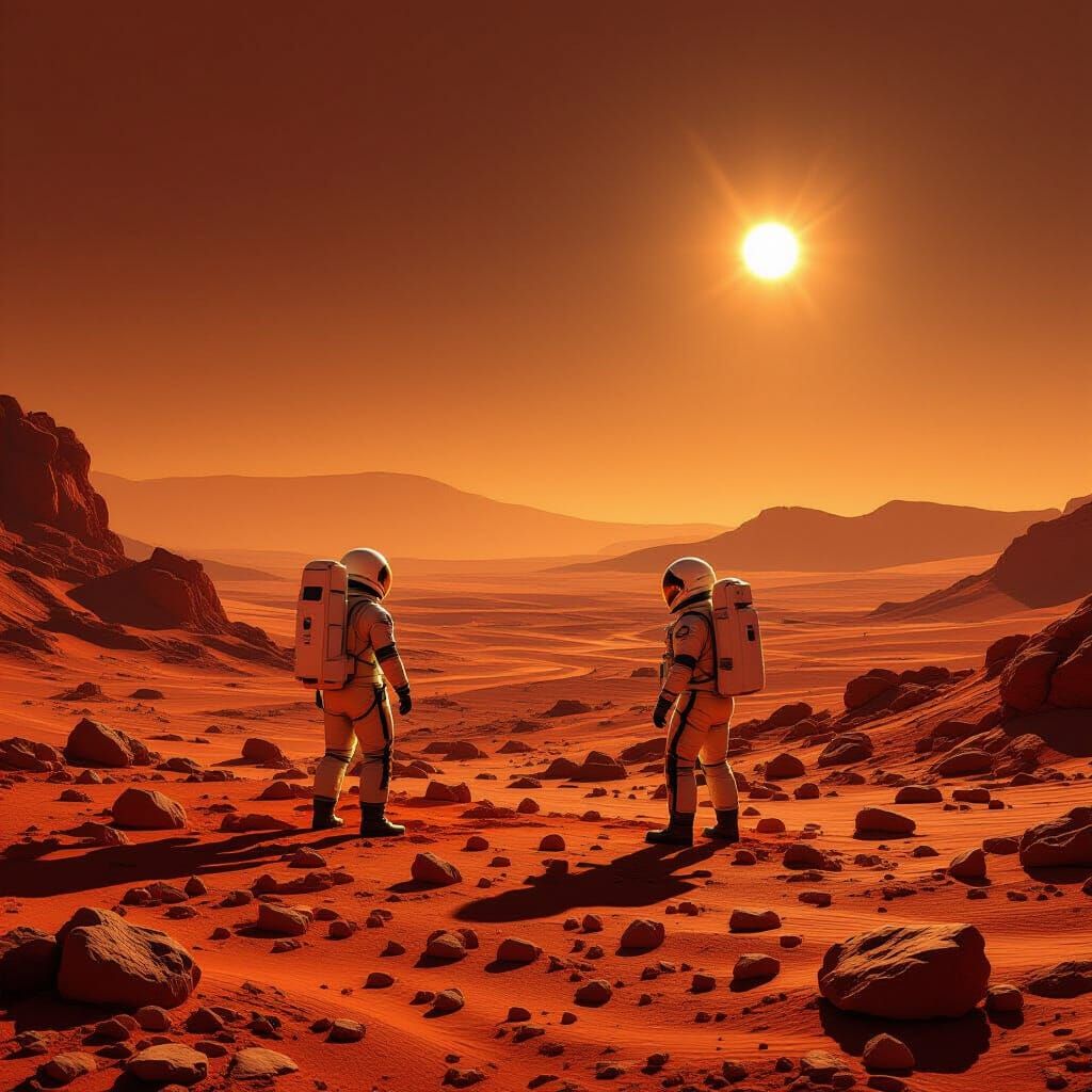 Astronauts Explore Martian Desert Landscape