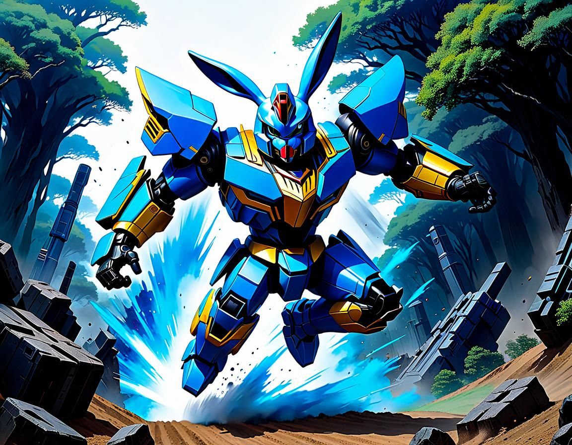 Blue Rabbit Megazord Leaping into Battle, Ink Sketch