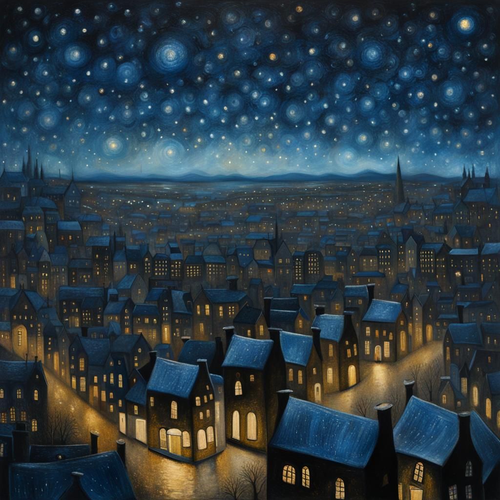 Starry Night Cityscape Illustration in Blue