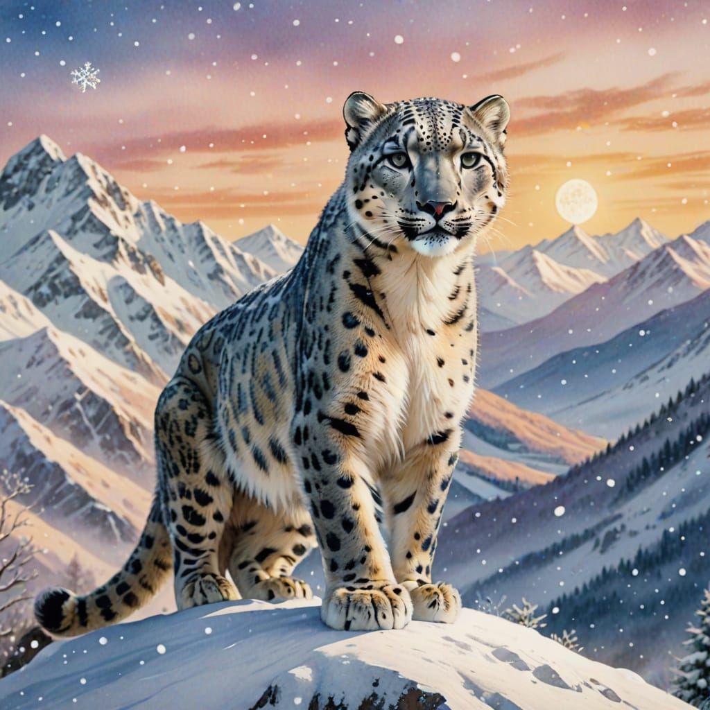 Snow Leopard on Snowy Mountain in Watercolor Style