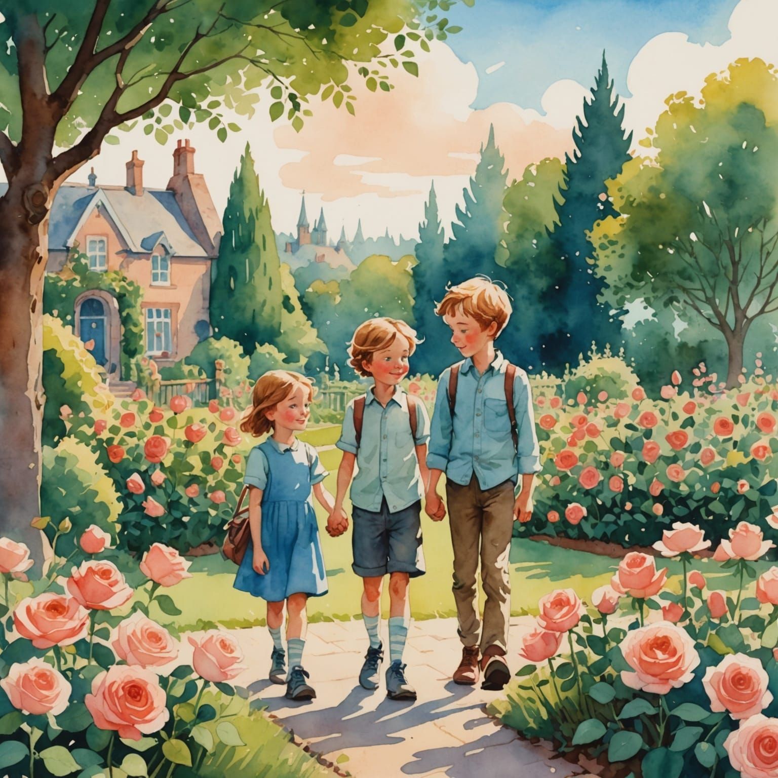 Children in Rose Garden, Watercolor and Ink Illustration
