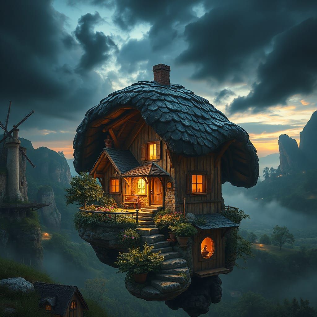 Whimsical House Inside Giant Dormouse, Fantasy Landscape