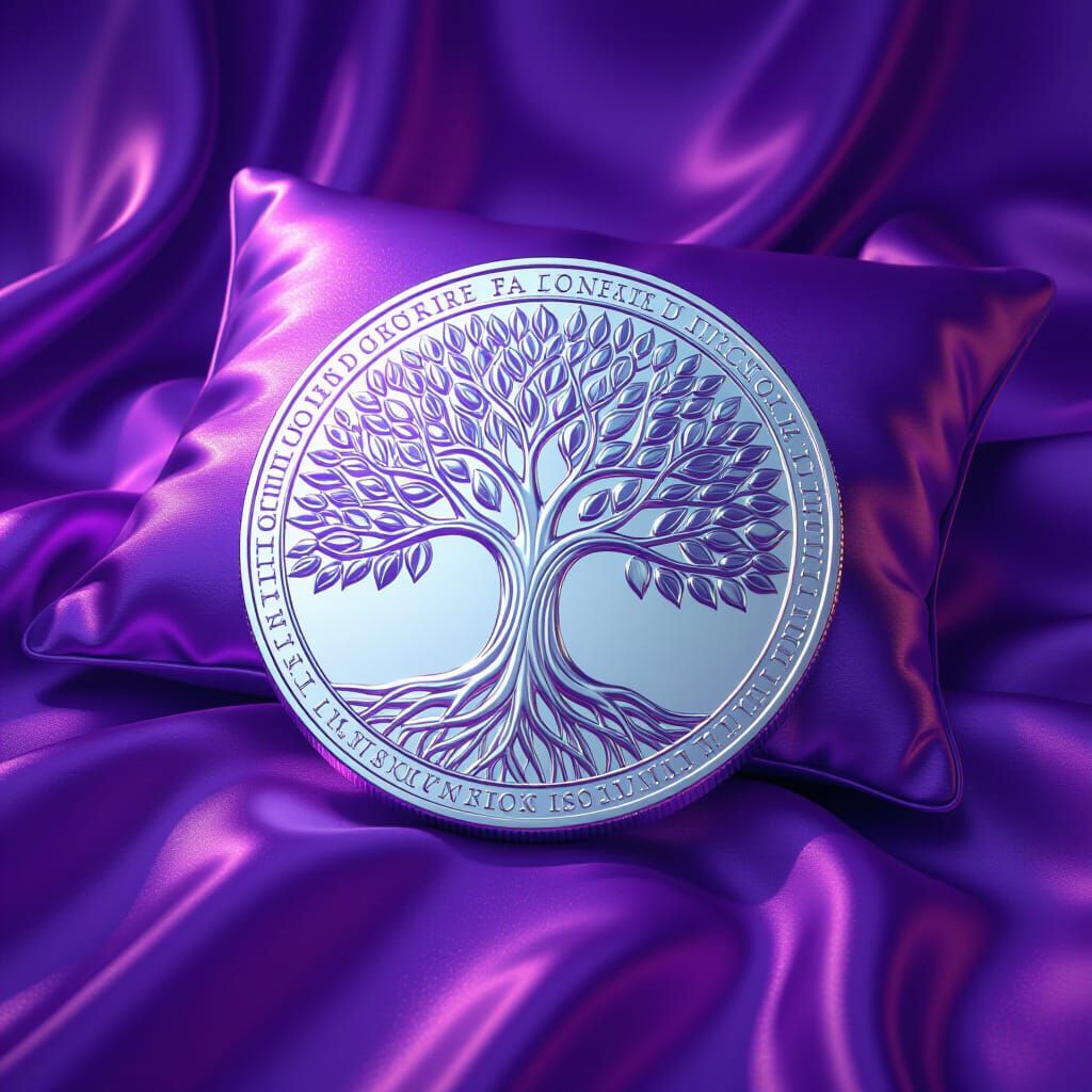 Fantasy Coin on Purple Pillow: Tree of Life Design
