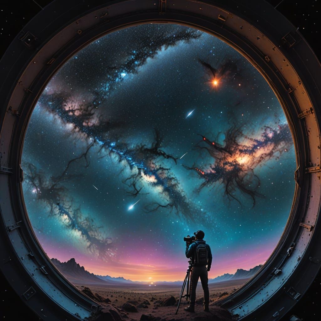 First-person perspective looking through a telescope lens, w...