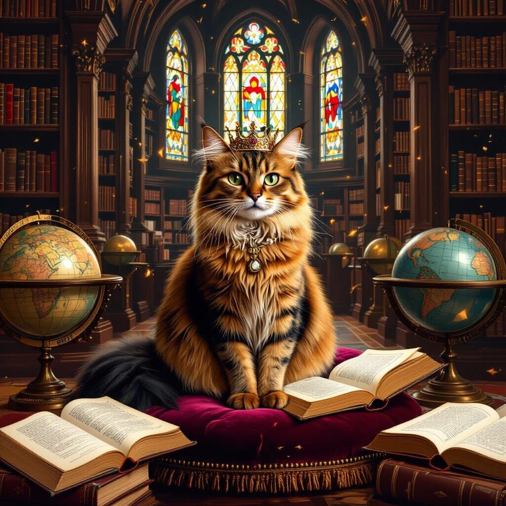 Crowned Cat in Library, Old Masters Style