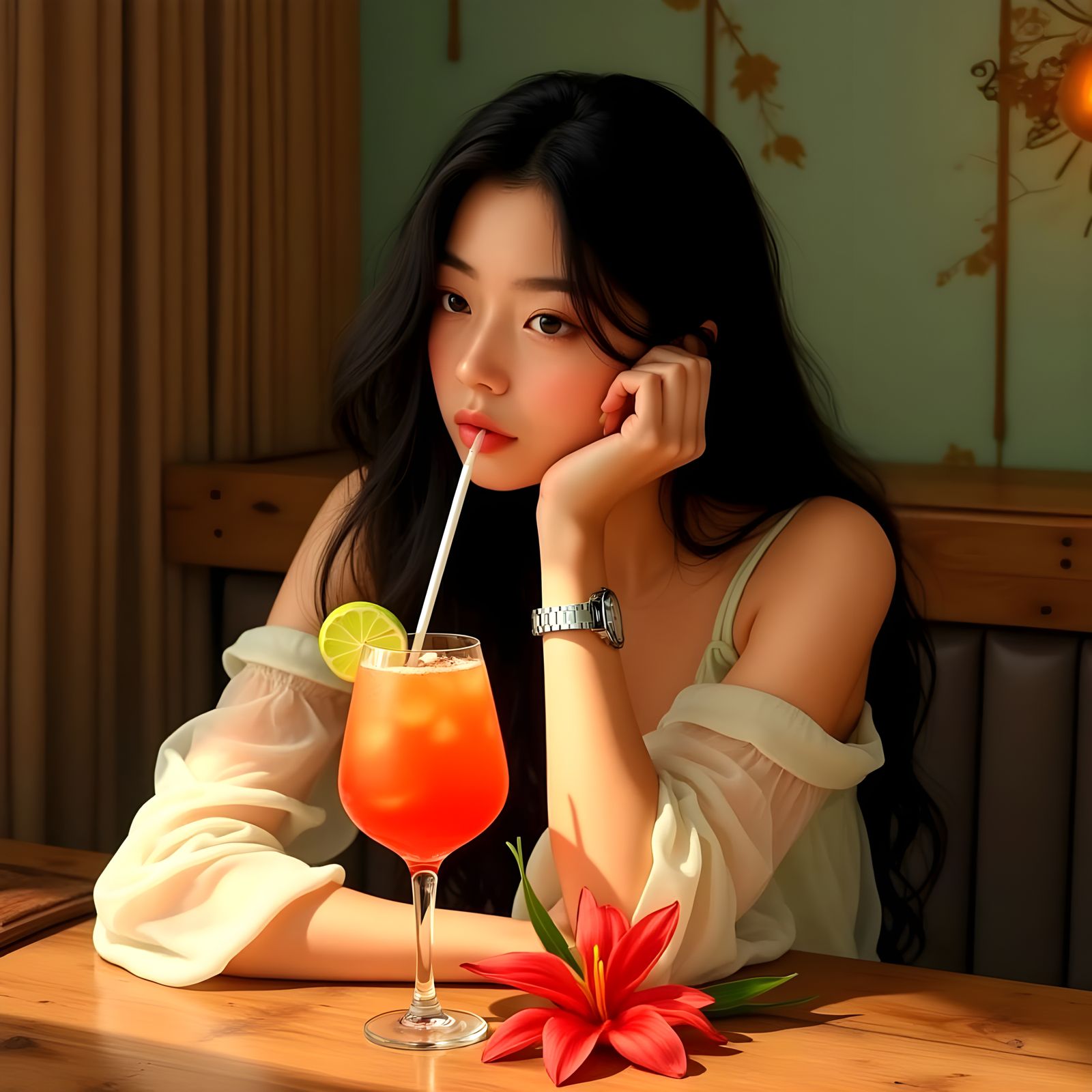 Young Woman Sips Colorful Cocktail in Casual Setting