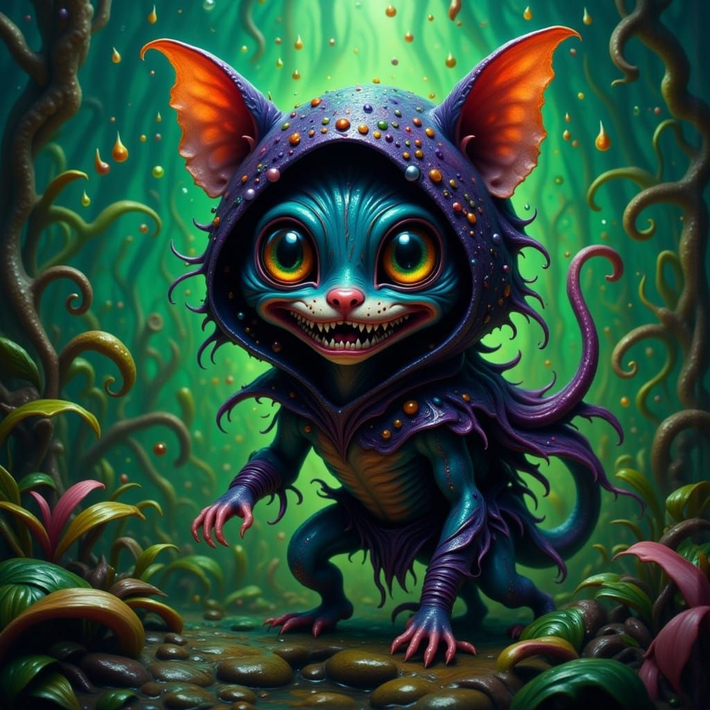 Tiny Ninja Cheshire Cat Sneaking in Dark Rainforest
