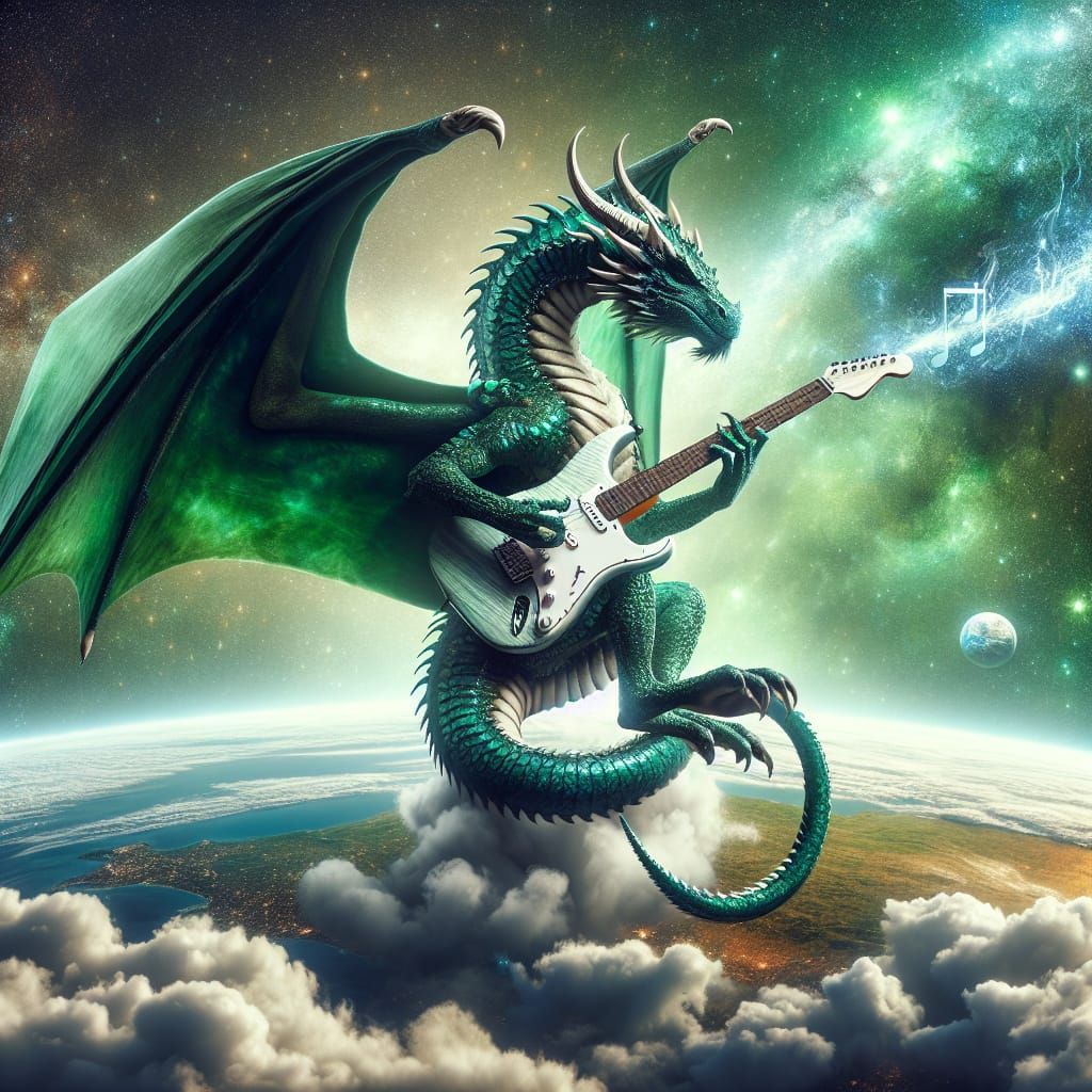 Majestic Emerald Dragon Shreds Electric Guitar in Cosmic Har...