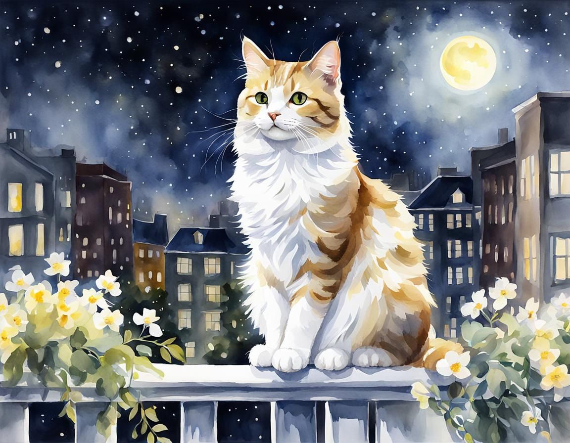 Hyperrealistic Cat on Balcony at Night in Watercolor