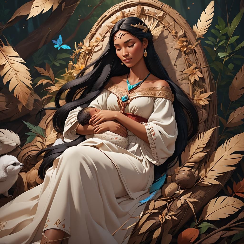Pocahontas Princess Sleeping with Newborn in Anime Style