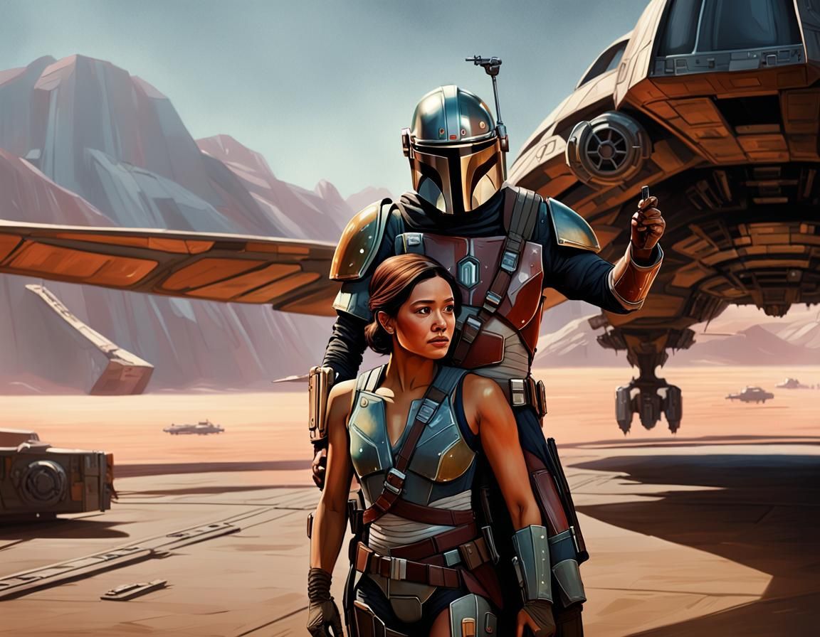 Mandalorian Holding Mechanic: Vibrant Digital Painting