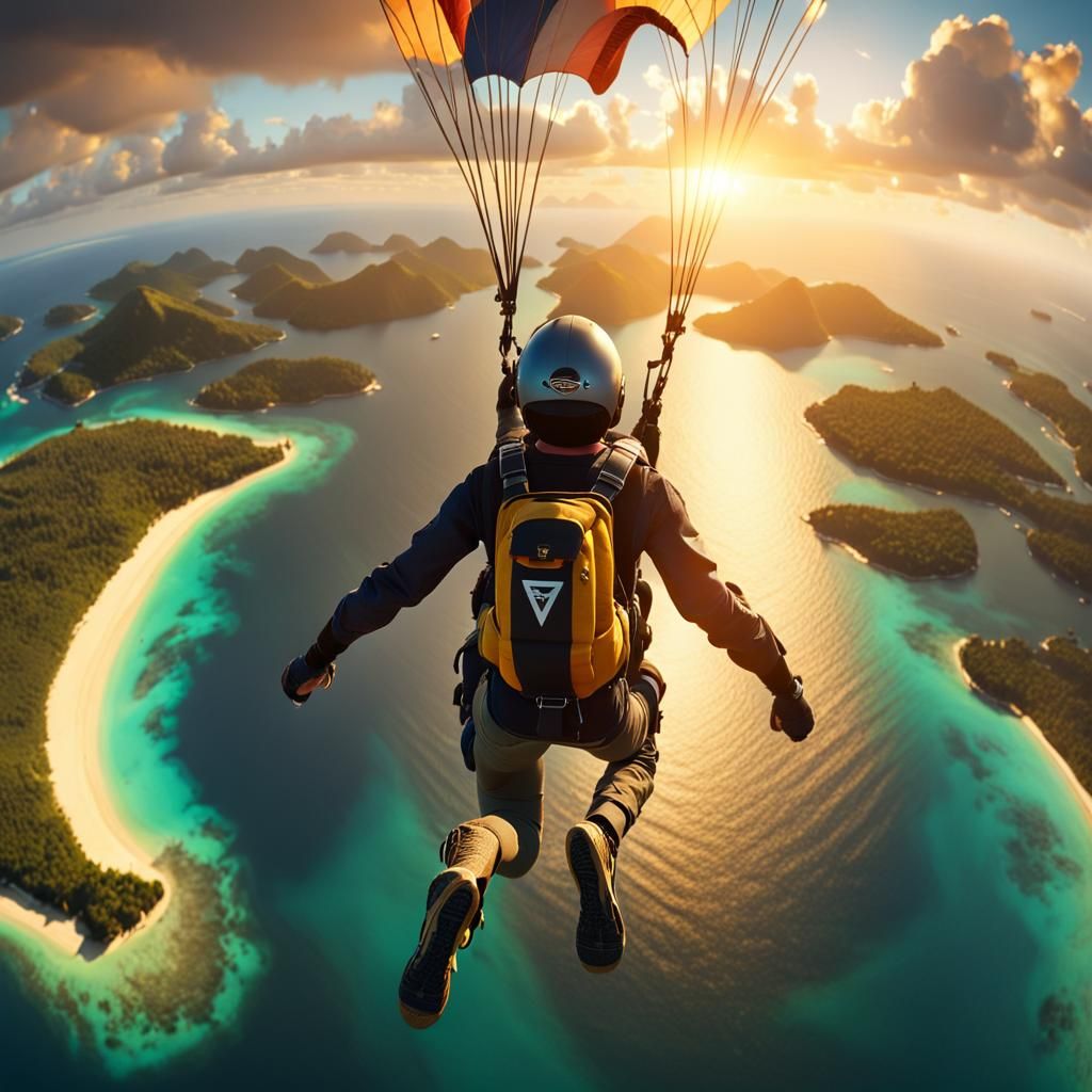 Woman Skydiving Above Island Sunset in 3D Game Style