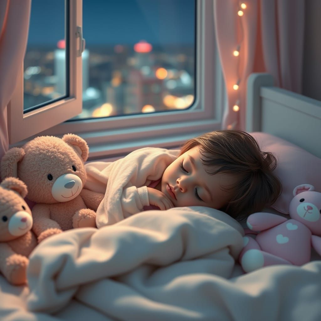 Dreamy Nightscape: Child Sleeping in Pastel Bedroom