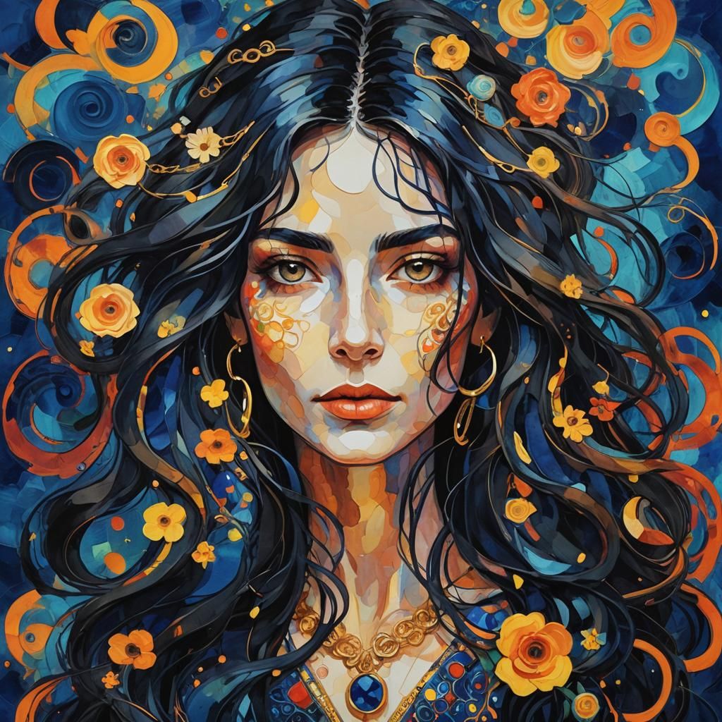 An abstract painting of a woman's face with a colorful flora...