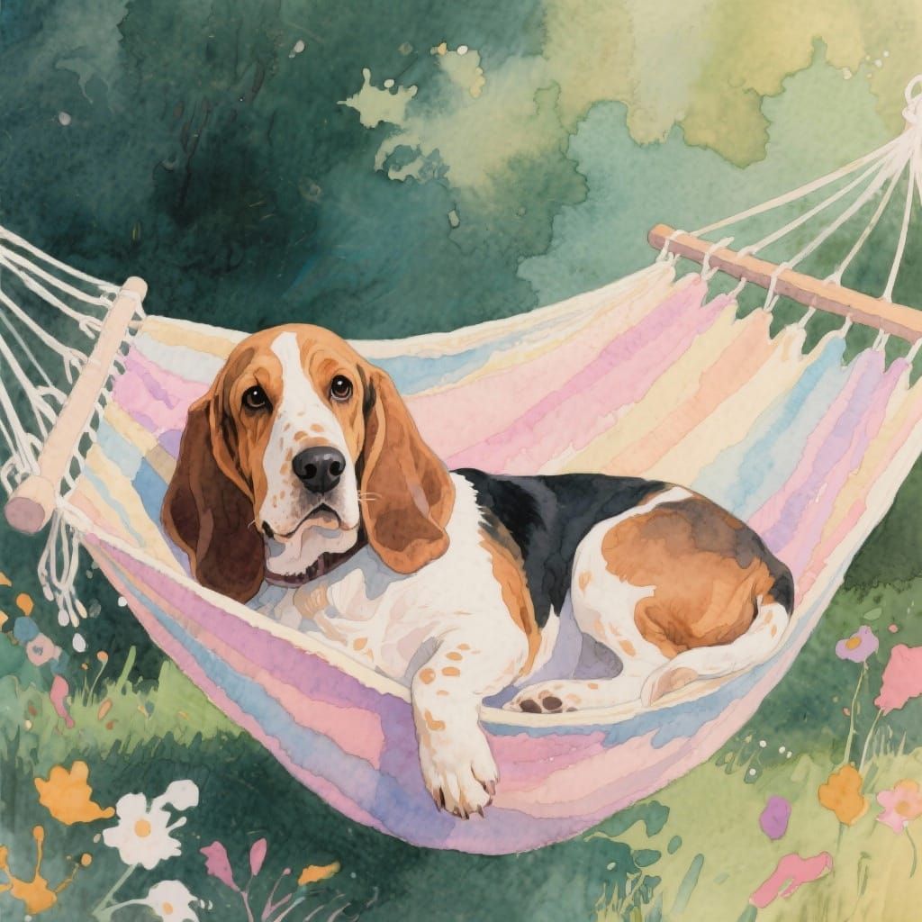 Basset Hound Lounging on a Hammock in Pastel Hues
