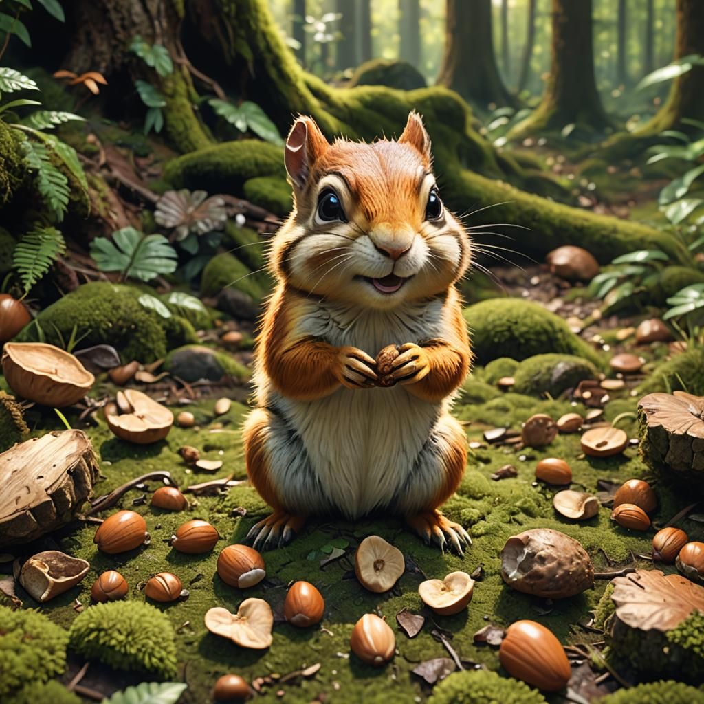 Chipmunk Eats Nuts in Anime Style Forest