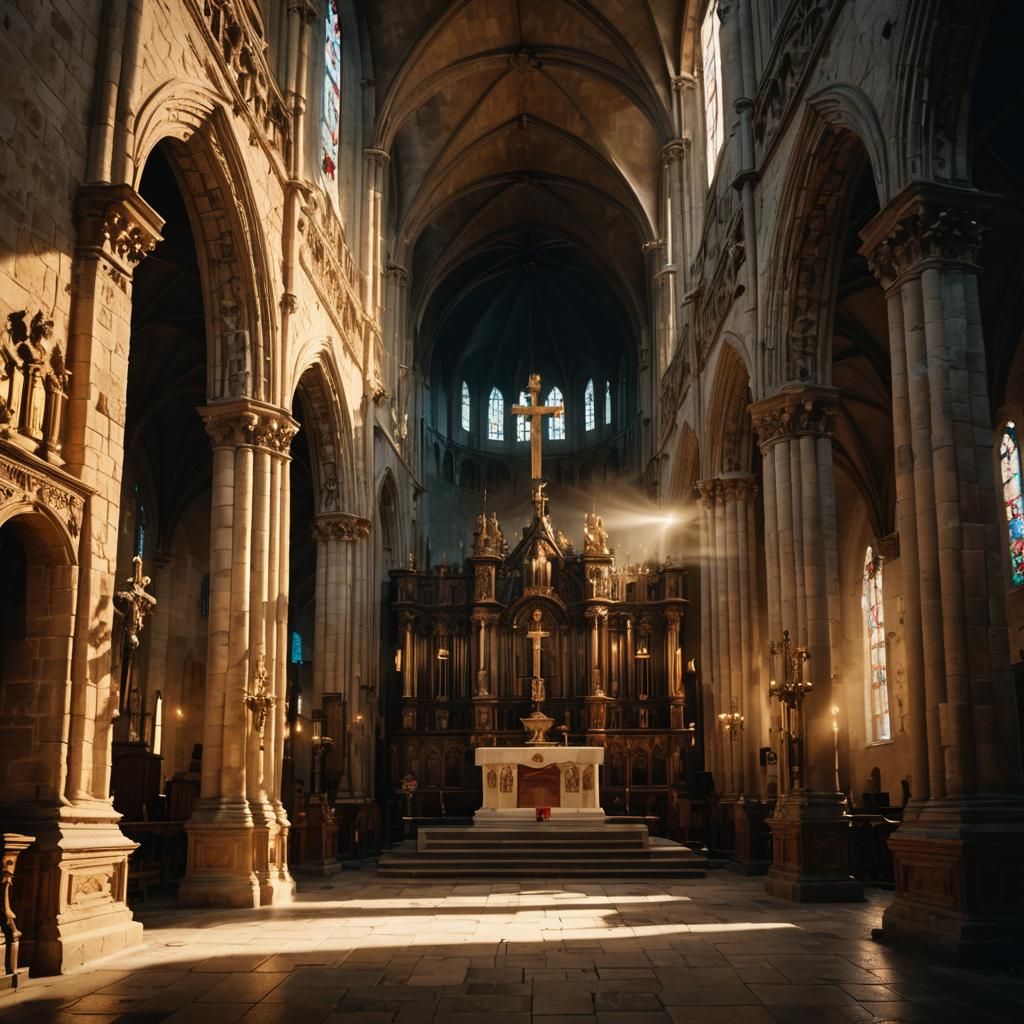 Gothic Church with Cross in Golden Light
