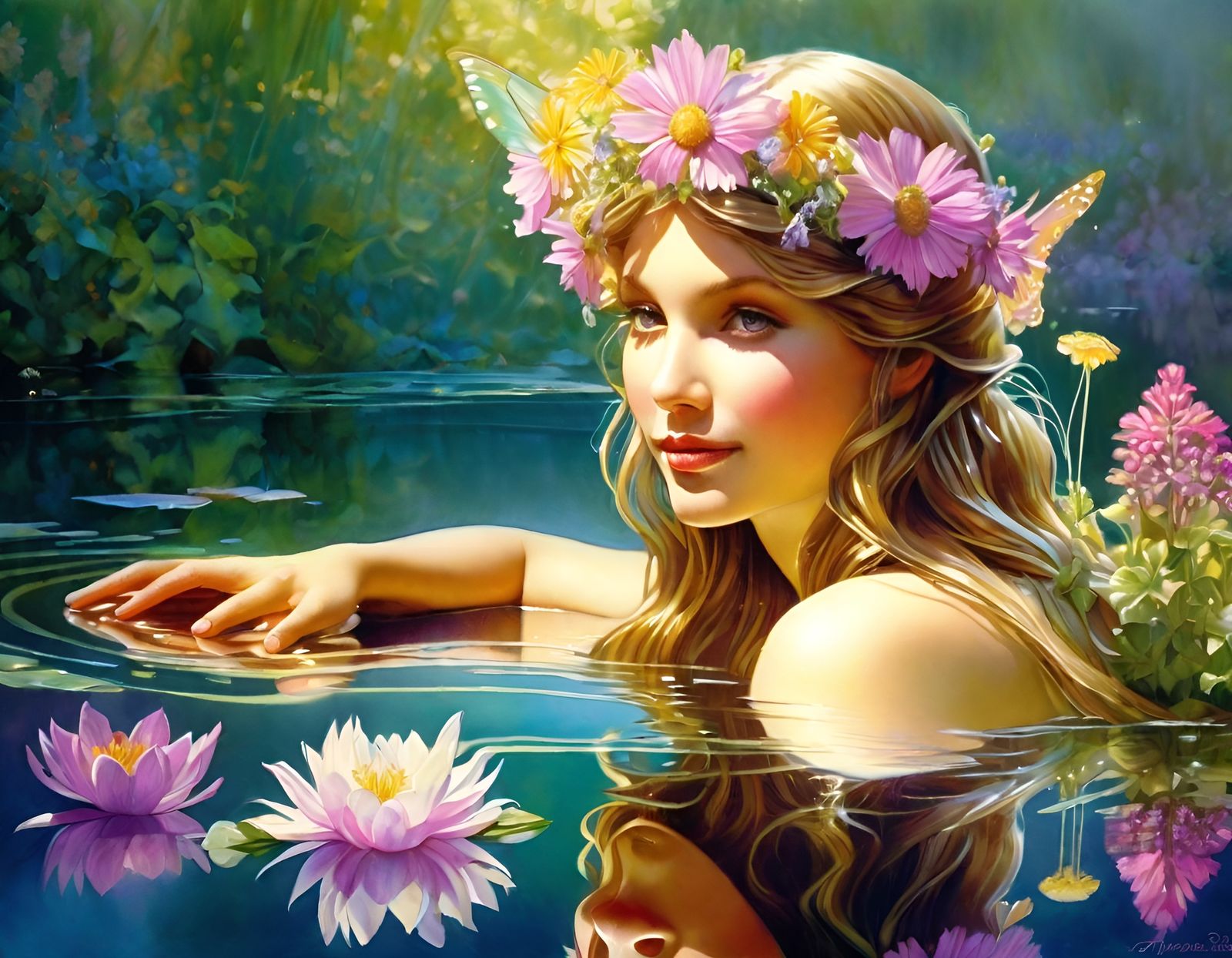 Fairy Princess Reflecting, Hyperrealistic Watercolor Style