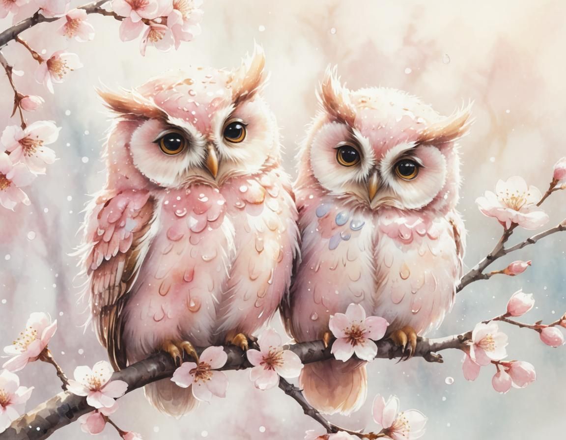 pink owls in spring shower