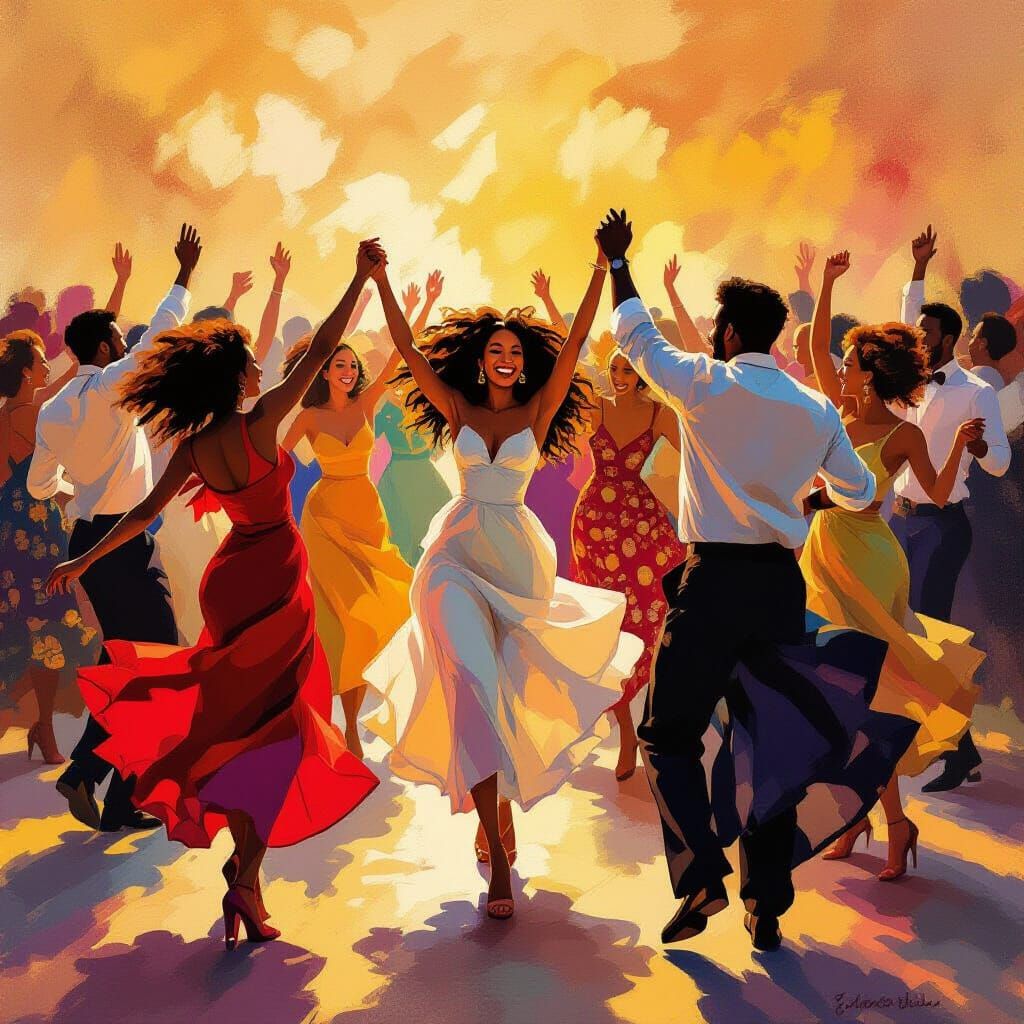 Joyful Group Dance in Golden Hour Light