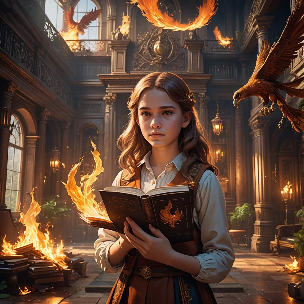 Girl with Phoenix in Mansion: Fantasy Concept Art