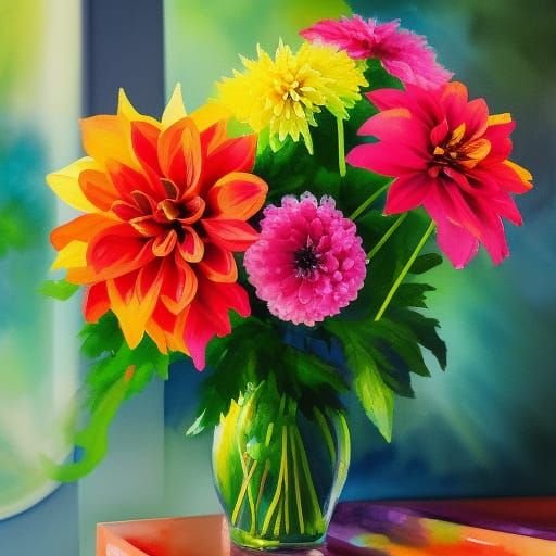 Neon Dahlias Bouquet in Gouache Watercolor Style