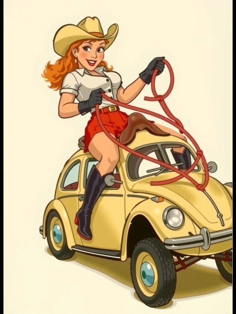 Sultry Cowgirl on Vintage VW Beetle