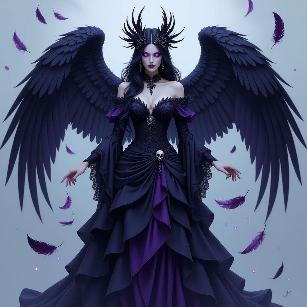 Dark Bird Witch with Raven Wings and Shadow Mist