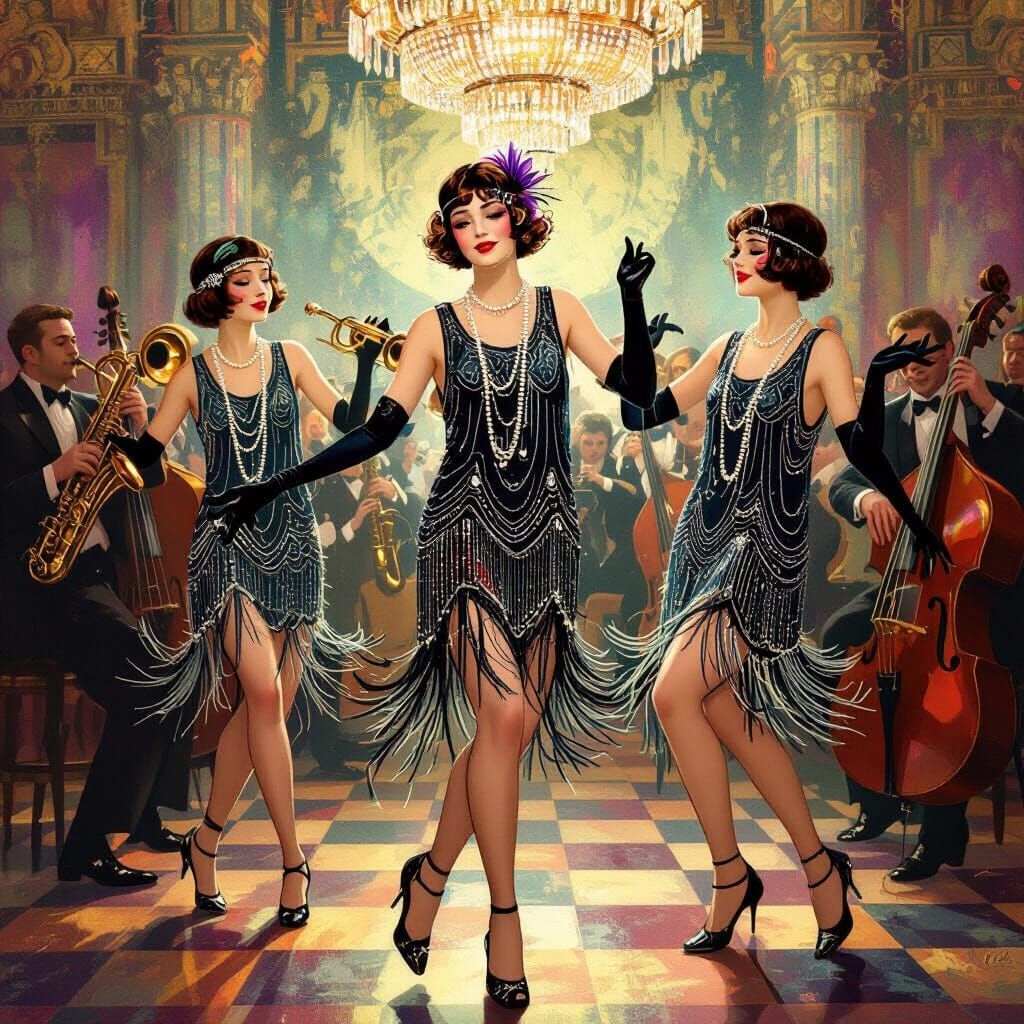 Flapper Girls Dance Charleston in 1920s Ballroom