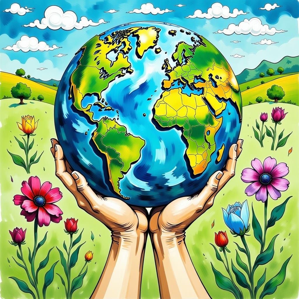 Celestial Earth Day Celebration in Vibrant Ink Sketch Style