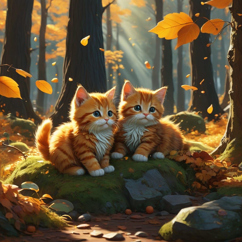 Cute Orange Kittens Play in Autumn Forest