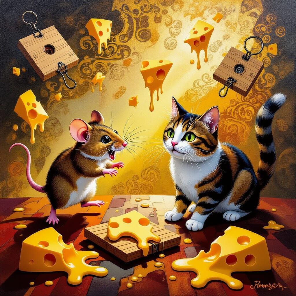 Surrealist Oil Painting of Mouse Chasing Cat